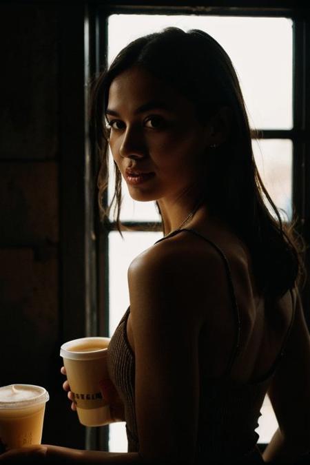 In a low-key style with the grainy texture of expired film, the photo offers a close-up view from above of a photo-realistic close-up medium shot of a beautiful girl's figure standing tall, depicted in full body, gently cradling a steaming small cup of coffee. The attention to detail captures every nuance of the subject's features and attire, creating a lifelike representation that almost breathes with realism. Against the backdrop of vibrant neon signage, the scene comes alive with a juxtaposition of warmth and urban energy. The subject's expression exudes a sense of calm amidst the bustling cityscape. Bathed in the dim neon-colored light of a blacked-out large window showcasing the city's glowing neon signs, the scene is a captivating mix of dramatic shadows, a washed-out color palette, and a shadowy ambiance reminiscent of a Kodak Portra 800 night shot.
