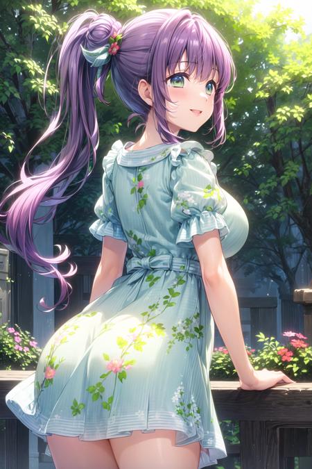 <lora:KozueV4:0.6>, (masterpiece, best quality, ultra-detailed), (illustration), (beautiful detailed eyes),
(1girl), (solo), (extremely detailed face), (beautiful detailed hair), thicc,
medium breasts, (0:1.1)
otomune kozue, green eyes, purple hair, (long hair:1.3), hair ornament, (side ponytail:1.3), flower
(outdoors, greenery :1.3), tareme, mature face, tareme
dress, frilled dress, green dress, short sleeves, flower prints
(standing, from behind, back:1.2), (smile:1.2), (arms support:1.4), parted lips, blush, (cowboy shot:1.4), best quality, high resolution, unity 8k wallpaper,    <lora:tareme:0.4> <lora:add_detail:0.6>