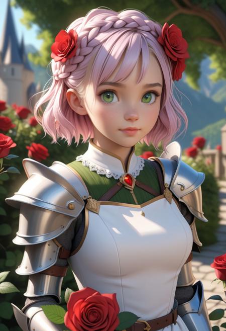 photorealistic, octane render, best quality, 1girl, petite, short girl, noelle gi, short hair, white hair, green eyes, braid, hair flower, red rose, knight armor, fantasy armor, maid skirt, belt, looking at viewer, sharp focus, (8k), (4k), (Masterpiece), (Best Quality), (realistic skin texture), extremely detailed, intricate, hyper detailed, illustration, soft lighting, high resolution, sharp detail, vivid, colorful, outdoors, nature, <lora:noelle by Goofy Ai:1>, <lora:add_detail:0.6>,
