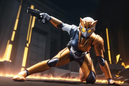 (masterpiece,best quality,4k,8k),kamen rider valkyrie RC, (1girl, solo, mature female,medium breasts,wide hips,cameltoe,thighs), looking at viewer, animal ears, standing, full body, gloves, animal ears, full body, yellow eyes, holding weapon, squatting, hand on ground, one knee, bodysuit,holding gun, handgun,glowing yellow eyes, armor, science fiction, tokusatsu, female focus, kamen rider,belt, <lora:kamen_rider_valkyrie_RC-10:0.7>