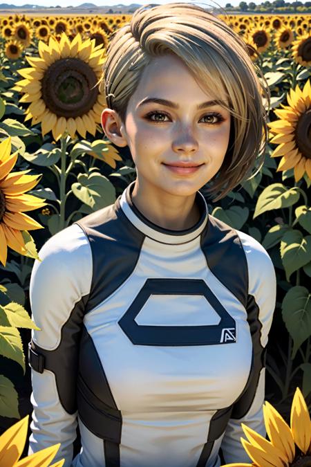 ((ultra detailed, masterpiece, best quality))
 <lora:MEACora:0.8>
MEACora, 1girl, solo, short hair, blonde hair, brown eyes, surrounded by sunflowers in a bright field, smiling, happy