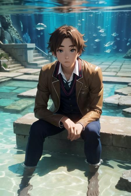 masterpiece, best quality, sketch, 1boy, solo, male focus, looking at viewer, , , anime coloring, , <lora:mochizou_ooji:0.74>, mochizou_ooji, brown hair, brown eyes, king costume, Atlantis: A lost city of great wisdom and power, now drowned beneath the sea, Blu-ray