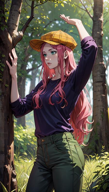 long hair pink hair green eyes yellow hat purple shirt green pants