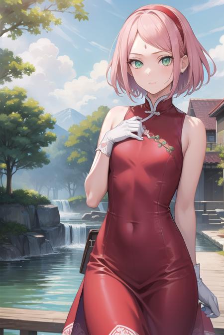 sakuraharuno, <lyco:sakuraharunov3-lyco-nochekaiser:1>,
sakura haruno, short hair, bangs, (green eyes:1.5), pink hair, hairband, facial mark, (forehead mark:1.2), red hairband, (swept bangs:1.5), (small breast:1.2),
BREAK chinese clothes, dress, (red dress:1.3), short skirt, black shorts, gloves, black gloves, sleeveless,
BREAK outdoors, forest, nature, sky, cloud, sun,
BREAK looking at viewer, (cowboy shot:1.5),
BREAK <lyco:GoodHands-beta2:1>, (masterpiece:1.2), best quality, high resolution, unity 8k wallpaper, (illustration:0.8), (beautiful detailed eyes:1.6), extremely detailed face, perfect lighting, extremely detailed CG, (perfect hands, perfect anatomy),