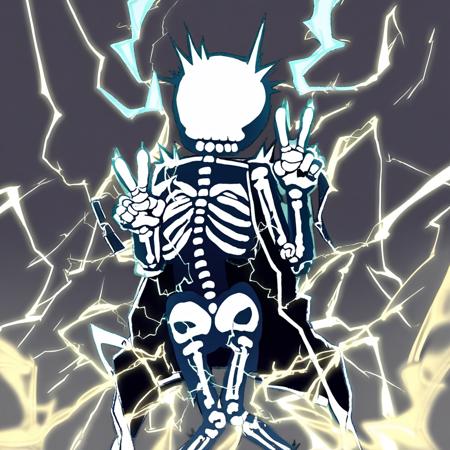 electrocut1on skeleton, full body, ribs, skull, electricity