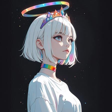 Semireal, semirealistic, masterpiece, best quality, absurdes, simple black background, rainbow side lighting, shoulder up, from side, cel shading:1.3, western art /(style/), (straight on), 1girl, looking to the side, large eyes, rainbow iris, rainbow halo, bob cut, white hair, tiara, rainbow choker, white tshirt