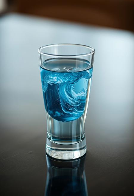 Depict a deeming ocean inside a glass of water on a table, shallow depth of field, realistic, photography, masterpiece.