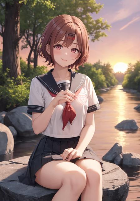 masterpiece,best quality, (Highest picture quality), (Master's work),(8K wallpaper),
extremely detailed, perfect lighting,highres,reality ray tracing,
1girl,sunset,brown hair,short hair, hairclip,serafuku
smile,(heart hands:1.2),sitting on stone,forest,river,butterfly,mushroom
 <lora:Higuchi_Madoka_V1.0:1>