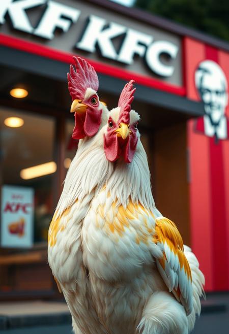 “A realistic, detailed chicken standing confidently in front of a KFC restaurant. The chicken has bright feathers, a sharp gaze, and a proud stance as if aware of its surroundings. The KFC logo is visible in the background, slightly blurred for depth. The scene is captured in a cinematic style with balanced lighting, slightly warm tones, and a shallow depth of field. The image should have high detail in the feathers and a slightly humorous undertone, emphasizing the irony of the setting.”