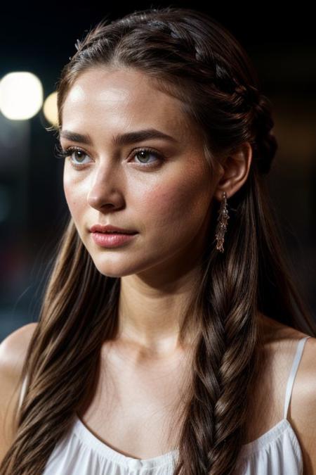 ultra realistic 8k, picture-perfect face, flawless, clean, masterpiece, cinematic lighting, cinematic bloom, perfect face, beautiful face, extremely detailed eyes, a woman in a (white dress) standing outside on a pitch black night in the rain, golden tiara, concerned expression, perfect female waist, hyperrealistic photography, extremely detailed CG unity 8k wallpaper, HDR, RAW photo, dslr, intricate detail, cute, magical, enchanting, parted lips, vibrant lighting, vibrant colors, (masterpiece, best quality, ultra-detailed, best shadow) BREAK long hair, chestnut brown hair, ponytail, crownbraid tie, (pronounced blush) <lora:tools\epiNoiseoffset_v2>