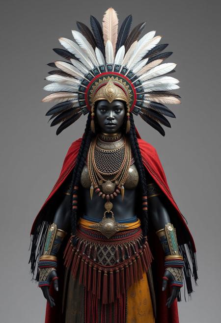 ultra realistic full body costume design  and character design of an african tribal warrior queen + feather headdress + ultra detailed accessories + long cape + a lot of tribal necklaces, photographic style, 8k, octane render, studio grey background