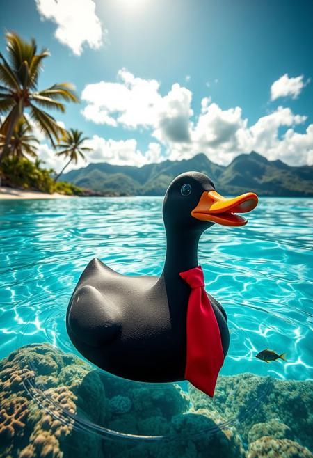 A realistic black rubber bathtub duck, adorned with a bright red necktie tied snugly around its neck, floats on the crystal-clear, turquoise waters near a Fijian shore. The midday sun shines fiercely, casting crisp reflections of swaying palm trees and powdery white sand onto the sea. Gentle waves lap at the duck, revealing vibrant coral and darting tropical fish below. In the distance, lush green hills rise beneath a sky flecked with fluffy cumulus clouds. The duck’s matte surface and the tie’s subtle sheen catch the light, blending quirky charm with the vivid, tropical realism of the scene.