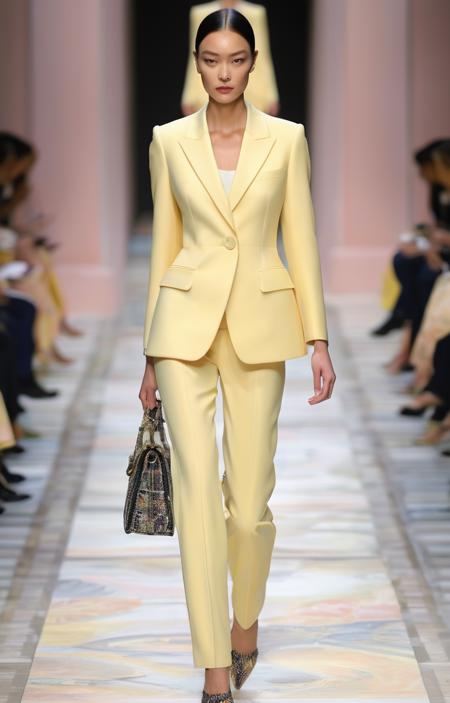 masterpiece,best quality,<lora:tbh361-sdxl:0.6>,illustration,style of Stefano Gabbana, Dior's modern take on feminine tailoring, pastel power suit, minimalist luxury, corporate fashion