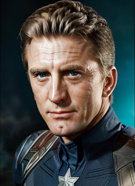 (<lora:KirkDouglas:.95>) ,a  photo of (kd1) man with blonde short hair, Detailed face, (perfect blue eyes), (highly detailed skin:1.1), perfect body, wearing a ((captain america costume)), Modelshoot style, Professional Photography, soft lighting, PHOTOREALISTIC, Realistic, standing in a dark studio background, blurred background, volumetric fog,. RAW, analog style, sharp focus, 8k, HD, DSLR, high quality, Fujifilm XT3, film grain, award winning, masterpiece,