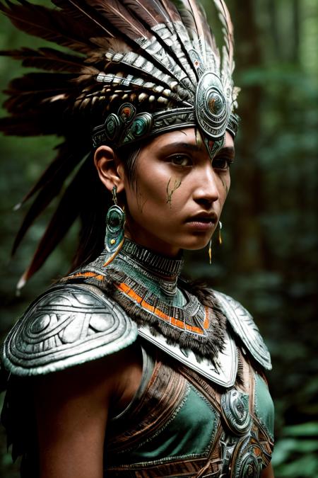 1 woman close up
 Aztec armor 
feather 
 dramatic lighting
perspective
complex background
depth of field
forest 
(photorealistic, realistic, Paolo Roversi)