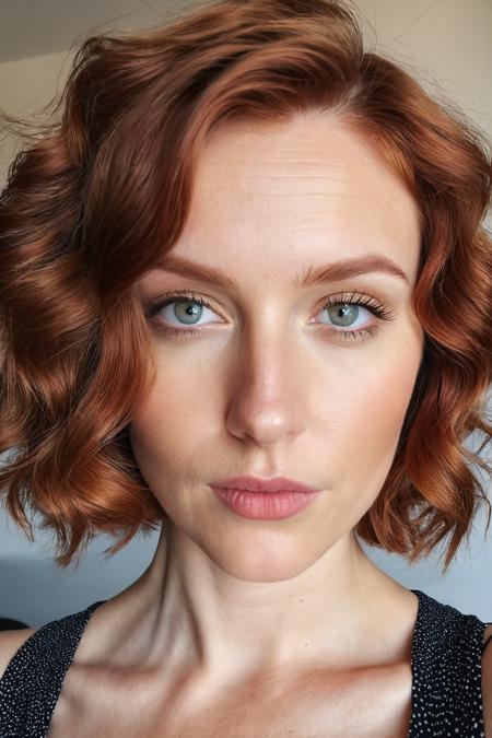 Candid close up photo of a beautiful scandinavian woman,  30 years old,  short wavy reddish hair,  symmetrical eyes,  selfie,  highly detailed,  real,  shot on an iphone