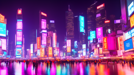 skyscrapers at night, view from the street, futuristic cars, rain, futuristic city centre, cyberpunk, neon lights in background, purple neon, orange neon lights, cyan neon lights, highly detailed