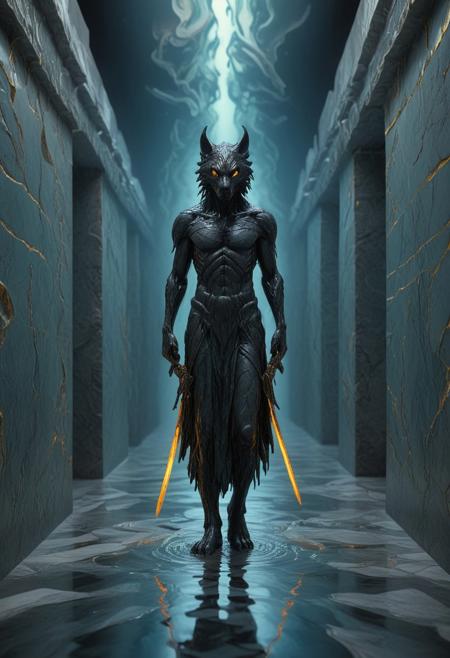 <lora:GeekyXL_Liquid_Marble:0.8>, liquid marble, wolveverine man with sword bio-luminescence walking down a long corridor, central perspective, large eye (teal green iris, orange-yellow pupil) hovering above, dripping liquid, ancient stone architecture, cracked sidewalk, dramatic lighting, warm and cool color palette, stylized digital art, detailed clothing, shadow of a silhouette on the sidewalk, horizontal composition, intriguing atmosphere (lines bold: 1.2), (geometric motifs in an arcade: 1.1).
