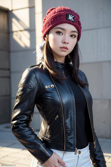 ( (8k:1.27), best quality, masterpiece, ultra highres:1.2) Photo of Pretty Japanese woman (beautiful:1.1) (sci-fi warrior woman:1.1) space soldier, (beanie:1.61) (leather jacket:1.21) intricate elegant, fantasy, detailed, ometric by greg rutkowski and alphonse mucha, gradient lighting