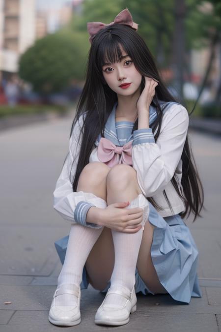 ltra-detailed,highly detailed,best quality,masterpiece,illustration,realistic,photorealistic,
hutao, solo, 1girl, cosplay, 
school uniform, sailor collar, serafuku, long sleeves, bowtie, pleated skirt, midriff peek, socks, loafers, 
long hair, bangs, hair bow, 
looking at viewer, full body, sitting, hands on own knees, 
outdoors, day, photo background, 
 <lora:hutao_jk_v1_03:0.7>