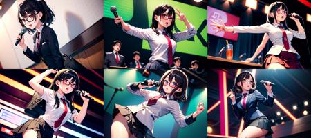 masterpiece, best quality, ultra-detailed, illustration,
(1girl:1.4),solo, glasses, ,teenage,  black hair, school bag, white collared shirt, dark red necktie, navy blue pleated skirt, blazer,
karaokeroom, karaoke, microphone,