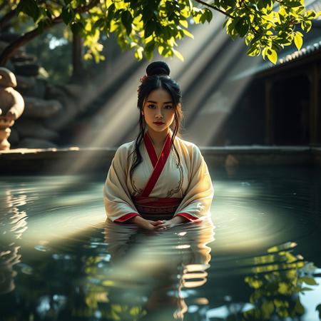 (Cinematic), Ultra-realist 8K, Ancient Onsen Photoshoot Scene: An 18-year-old South East Asian top model with moka brown skin and a low nose bridge welcomes viewers as the host and guardian of an ancient outdoor hotspring. She has medium breasts, a small firm ass, and wears traditional garments that accentuate her figure.
Set within the tranquil environment of a Final Fantasy still, she sits in calm water reflecting her serenely. Sunlight filters through tree leaves above, casting godrays onto the ripples around her, adding depth to the scene. The RAW photograph captures this moment at extremely high quality. Intricate background details, such as lush foliage and stonework, enhance the overall setting's allure.
The ultra-detailed 8K UHD photograph boasts warm lighting, sharp focus, and high resolution, highlighting every fold, texture, pore, and fabric detail. DSLR precision from the Fujifilm XT3, combined with film grain, adds character to the already stunning visuals. Detail extends to her highly detailed skin, eyes, clothing, and surroundings, immersing viewers into this high-quality photoshoot experience. Her reflection in the water mirrors her inviting expression, beckoning guests towards relaxation and rejuvenation.