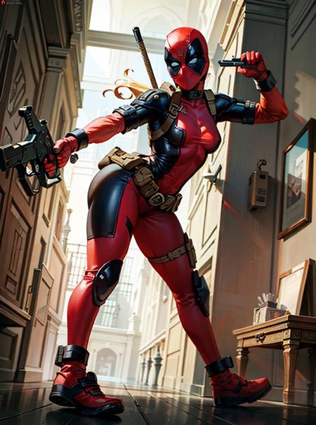 (LadyPool open clothes:1), 1girl, (superhero, bodysuit, red leotard, belt, gun, hood:1), (red mask, covered face:1), looking at viewer, cute pose, leaning forward,
(detailed landscape, mansion, pool:1), (dynamic_angle:1), (dynamic_pose:1.2), 
(masterpiece:1.2), (best quality, highest quality), (ultra detailed), (8k, 4k, intricate),(full body:1), (Cowboy-shot:1.2), (50mm), (highly detailed:1.2),(detailed face:1.2), detailed_eyes,(gradients),(ambient light:1.3),(cinematic composition:1.3),(HDR:1),Accent Lighting,extremely detailed,original, highres,(perfect_anatomy:1.2),
<lora:LadyPool_character:0.6>