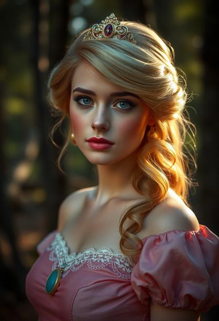 realistic lighting, photo, photorealistic very aesthetic, detailed face and eyes, forest, petite saggy breasts, blush, (sexy and curvy princess peach from mario bros, old 1900's photography)