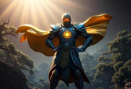 A cosmic epic Galaxy Wizard hovers above an ancient, mystical forest. Clad in intricate blue and gold armor featuring a luminous yellow emblem, a golden cape billows dramatically. He stands in a dynamic, action-ready pose, left hand on hip, right pointing upwards. Captivating light rays, deep shadows. Cinematic, detailed concept art, trending on ArtstationHQ, CGSociety, 4k resolution, Octane render, Unreal Engine 5, Golden Ratio, sharp focus, impeccable composition.