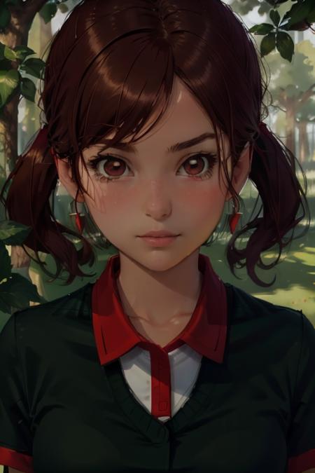 highest quality, highest quality visuals, highest details,<lora:Plum V21:0.75> plum (mario golf 64), 1girl, solo, 2D, small breasts, high poly, brown hair, pigtails, green eyes, smile, dark blue shirt, red collar, red cuffs, dark background,, fcPortrait_Force_Portrait, portrait, close up, looking at viewer,  portrait,  close up,