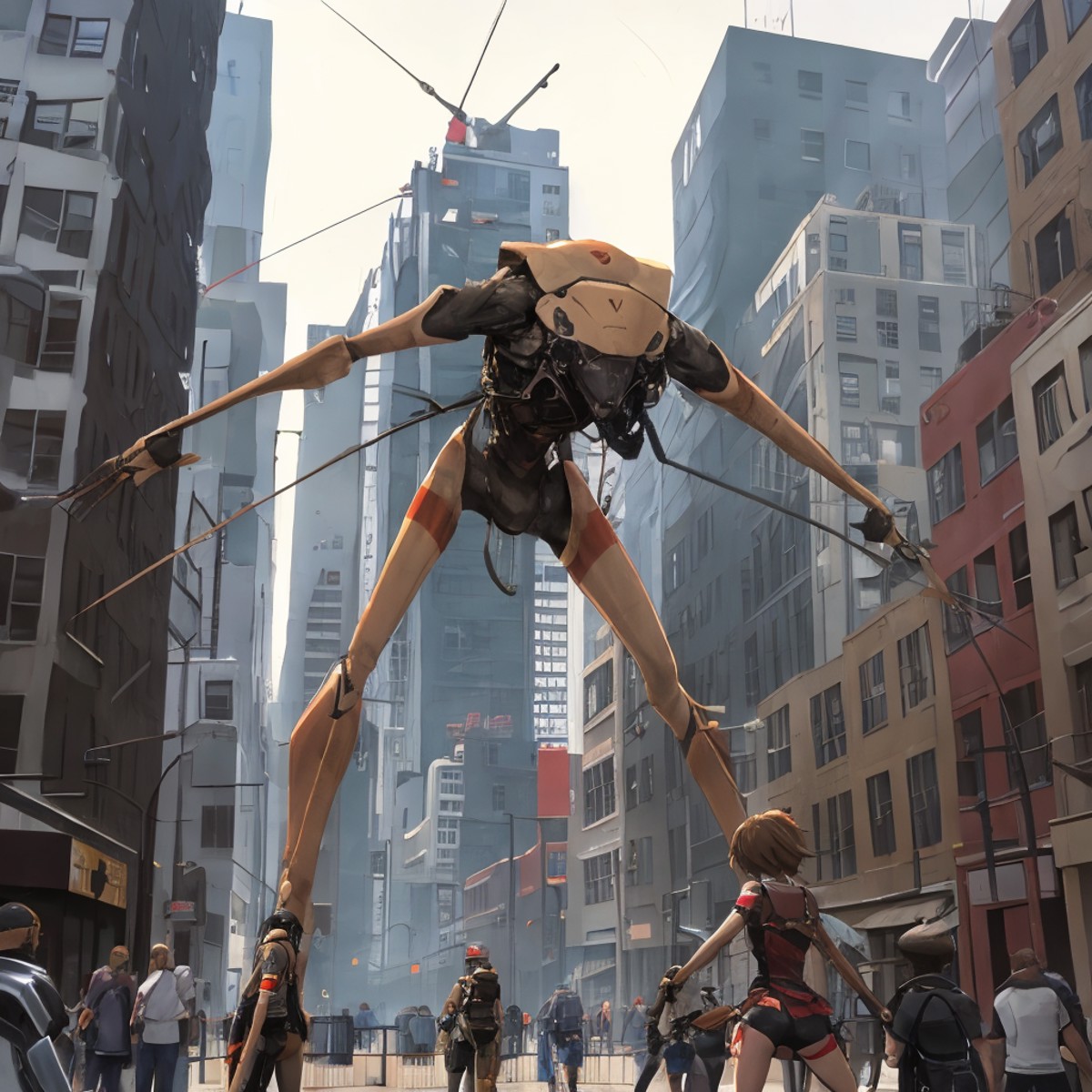 <lora:Strider:0.8>strider in downtown new york city chasing down a group of anime girls