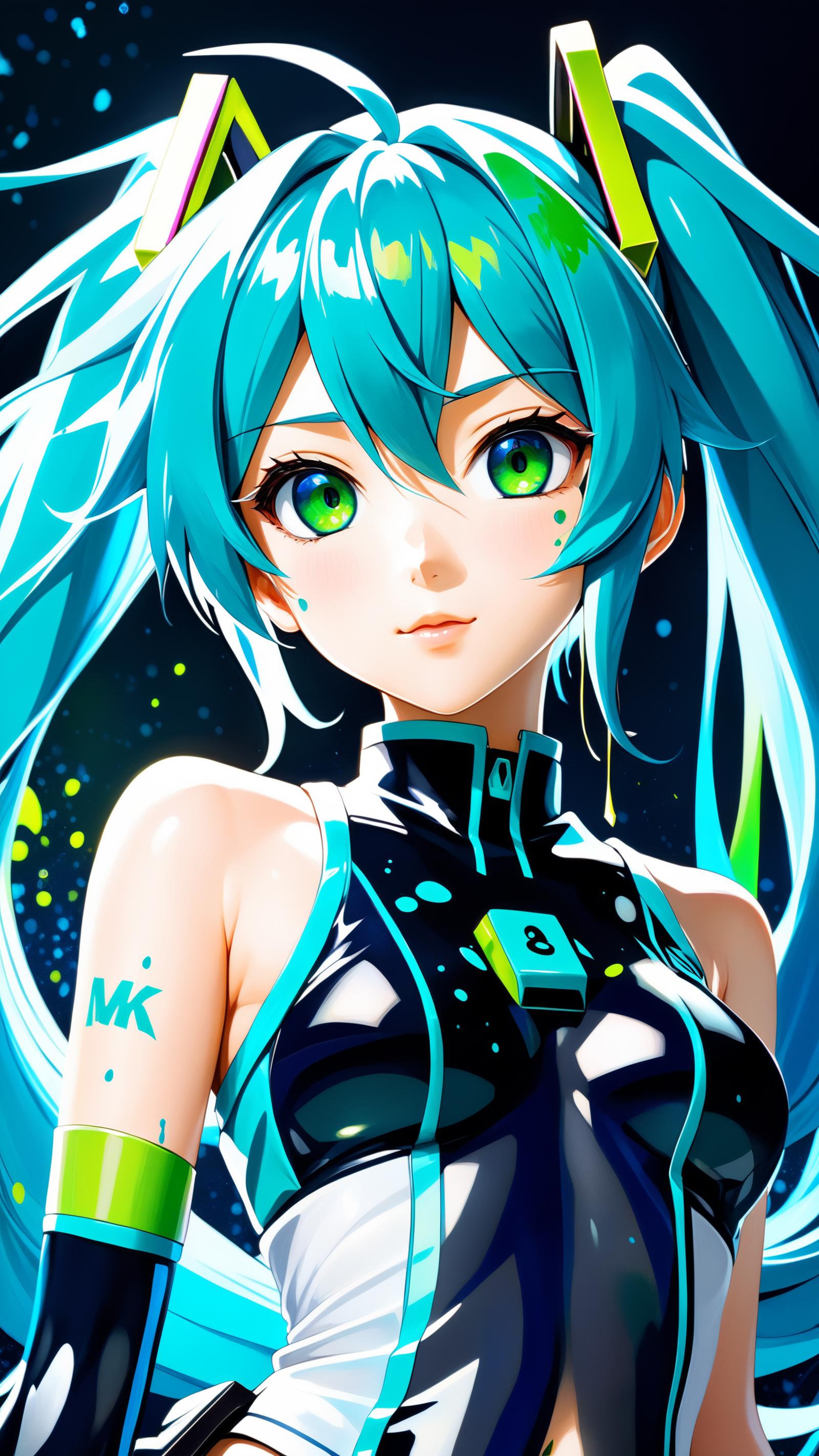 A blue-haired anime character with green eyes and a unique outfit.