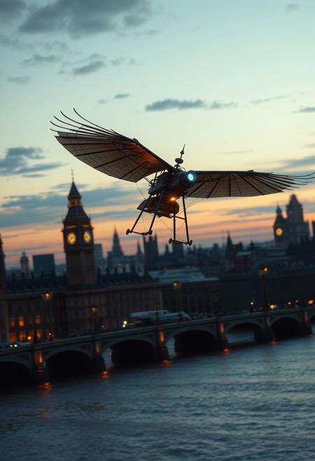 cinematic shot of steampunk ornithopter flying above victorian london at dusk, high resolution