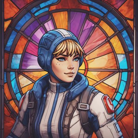 Stained glass style portrait  of wattson (apex legends) woman <lora:Watts0n:0.6> dancing in a lab background, high contrast . Vibrant, beautiful, translucent, intricate, detailed