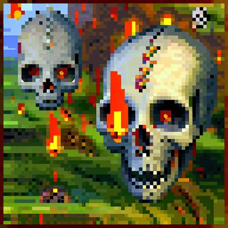 64x 64y, skull and roses, a burning skull on grass infront of a mountain with a view of the full moon, flame particles, a spider is hanging on the wall in the top right