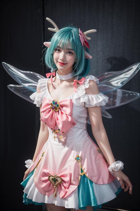 yao cosplay costume, aqua hair, dress, shoulder cutout, frills, choker, wrist cuffs, antlers, horns, bow, wings, hair ornament, animal ears, hair bow, hairclip, socks, kneehighs, shoes, high heels