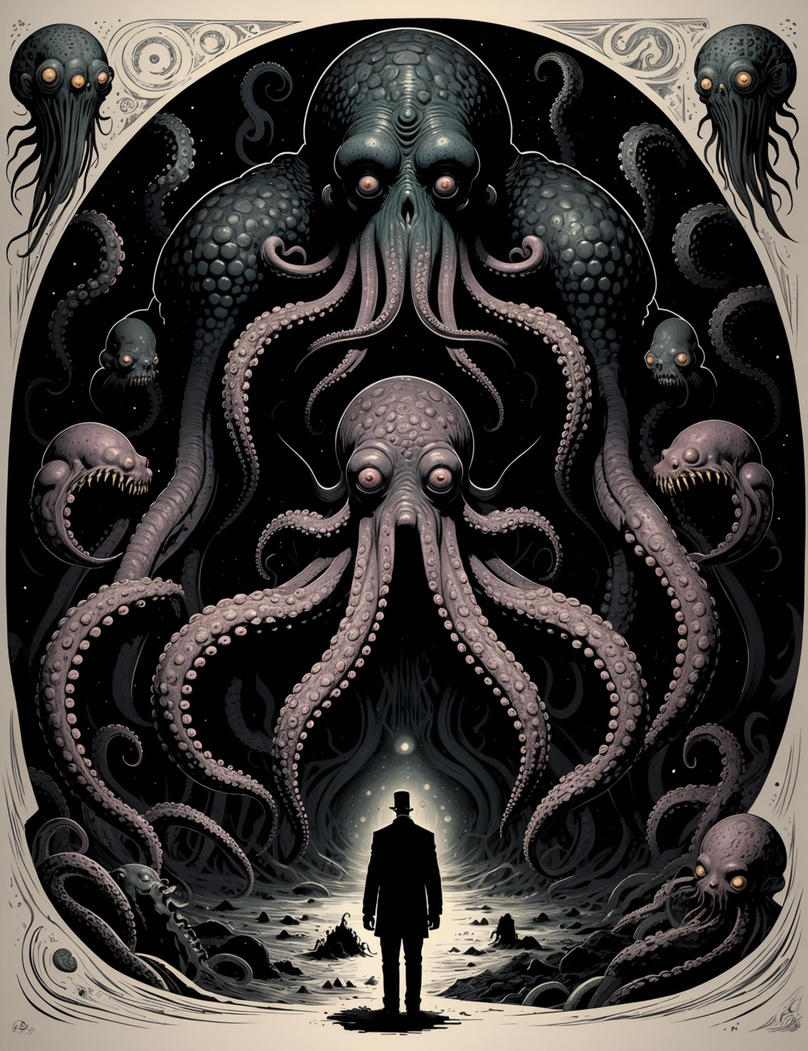 A man facing a group of tentacle monsters in a dark setting.