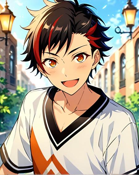 nagumo_tetora, black hair, streaked hair, red hair, amber eyes, short hair, hair between eyes, bangs