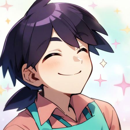 1boy, male focus, purple hair, ponytail, apron, pink shirt, collared shirt, aqua apron, cowlick,