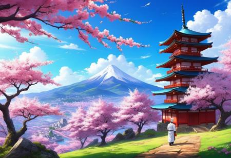 chef d'oeuvre, style anime, tranchant, pas d'humains, paysage parfait, montagnes, arbres cerisiers sakura en fleur, ruines, vibrant, coloré