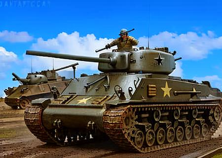 The Sherman M4 tank, a powerful fighting vehicle, stands on the battlefield, ready for battle. Its massive metal construction and armor give it an imposing appearance. Its cannon contains firepower capable of inflicting serious damage to the enemy. A sense of strength and maneuverability is conveyed through the tracks and wheels. The Sherman M4 tank is a symbol of war and determination, ready to fight for victory on the battlefield.  <lora:Sherman:0.8>