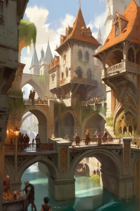 , <lora:Craig Mullins Style:1> Craig Mullins Style ,, a grand capital city nestled in the heart of a magical realm inspired by Dungeons and Dragons. The city stands as a testament to both architectural splendor and mystical enchantments. The streets are bustling with life, filled with a diverse array of creatures, both human and fantastical, going about their daily routines. The buildings showcase a harmonious blend of traditional medieval design and whimsical magical enhancements. Ornate bridges span over flowing rivers and canals, connecting various districts of the city. Gardens and parks are interspersed throughout, teeming with vibrant, otherworldly flora and fauna. In the central square, a magnificent fountain serves as a gathering place, its waters sparkling with magical energies.