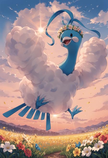 ALT4R14, black eyes, blue feathers, white cloud-like wings, white beak, white cheek patches, bird, blue bird feet, bird tail, blue headfeathers spread wings folded wings