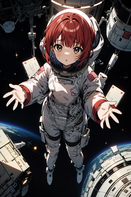 1girl, solo, from above, red hair, bowl cut, light brown eyes, small breasts, astronaut suit, feeling of floating, space station , surprised, nice hands, flying