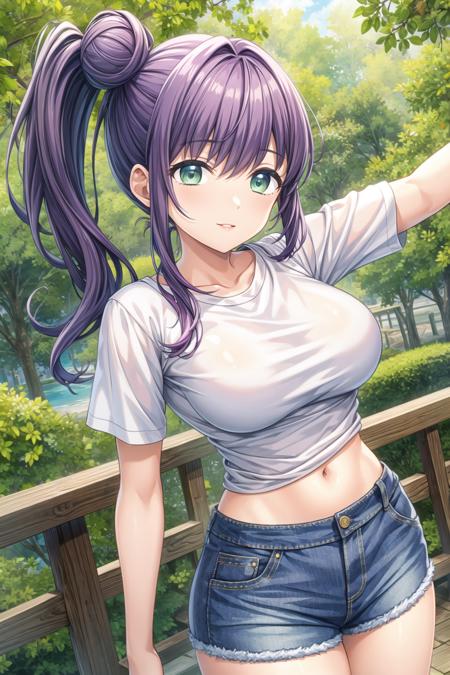 (masterpiece, best quality, ultra-detailed), (illustration), (beautiful detailed eyes), 1girl, solo,  otomune kozue, (cowboy shot:1.3), (purple hair:1.3), (side ponytail, side hair bun:1.5), green eyes, (long hair:1.5), <lora:KozueV2:0.55>, (mature face, parted lips, large hips, robust body, large breasts:1.2), BREAK (outdoors, greenary:1.1), BREAK (white t-shirt, short sleeves, stomach, denim shorts:1.2), BREAK looking at viewer, smile, (better hands, perfect hands, five fingers), (standing), (arms support:1.3),  <lora:add_detail:0.7>,