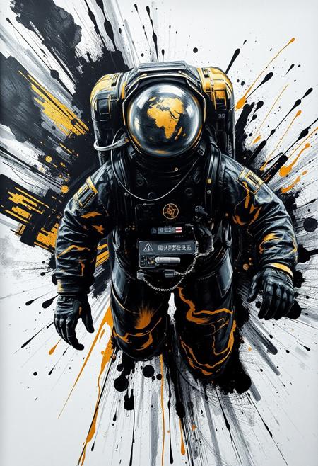 A hyper-stylistic, extremely detailed image depicts a breathtaking painting, crafted from a combination of smeared black and gold metallic paint. An astronaut is captured in a streaked motion, as if it is moving rapidly in one direction. The black paint is applied in bold, dynamic strokes, creating a sense of energy and movement that is contrasted beautifully by the golden accents. The gold paint is used to highlight the astronauts features, adding a sense of depth and dimensionality to the image. The overall effect is one of breathtaking, surreal dynamism, as if the viewer has captured a fleeting moment in time. Every detail of the image is meticulously crafted, from the delicate, swirling patterns of the gold paint to the intricate, textured patterns of the black paint. The contrasts between light and dark, color and texture, create a sense of tension and energy that draws the viewer in, inviting them to explore the kinetic world of the painting. highest-Quality, intricate details, visually stunning, Masterpiece