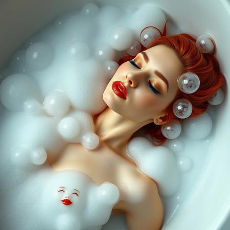1woman, realistic, photograph of woman lying back in bathtub, bubble-bath, heavy bubbles covering woman, eyes closed, pinned-up red hair, 1knee and breasts poking through bubbles, bubbles on chin, highly detailed face, beautiful, skin-pores
