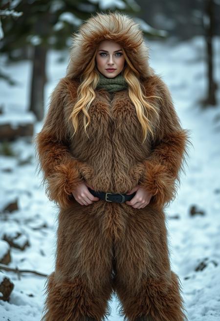 full-length view of a beautiful Scandinavian woman with thick furry fuzzy fluffy fur growing all over her body and face