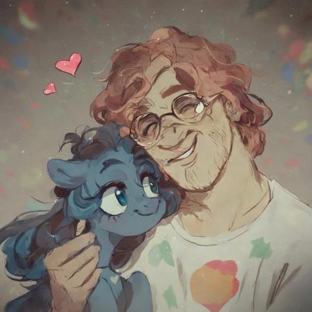 source_pony, rating_safe, score_9, score_8_up, score_7_up, score_6_up, score_5_up, score_4_up, a 30 year old human man hugging a pink My Little Pony, older male, glasses, in love, loving, cute, love hearts, sweet image.