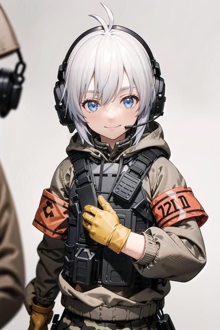 hasuki,gloves,antenna hair,grey hair,headset,armband,load bearing vest,headphones,boots,skirt,blue eyes,camouflage,knee pads,shorts,hood,uniform